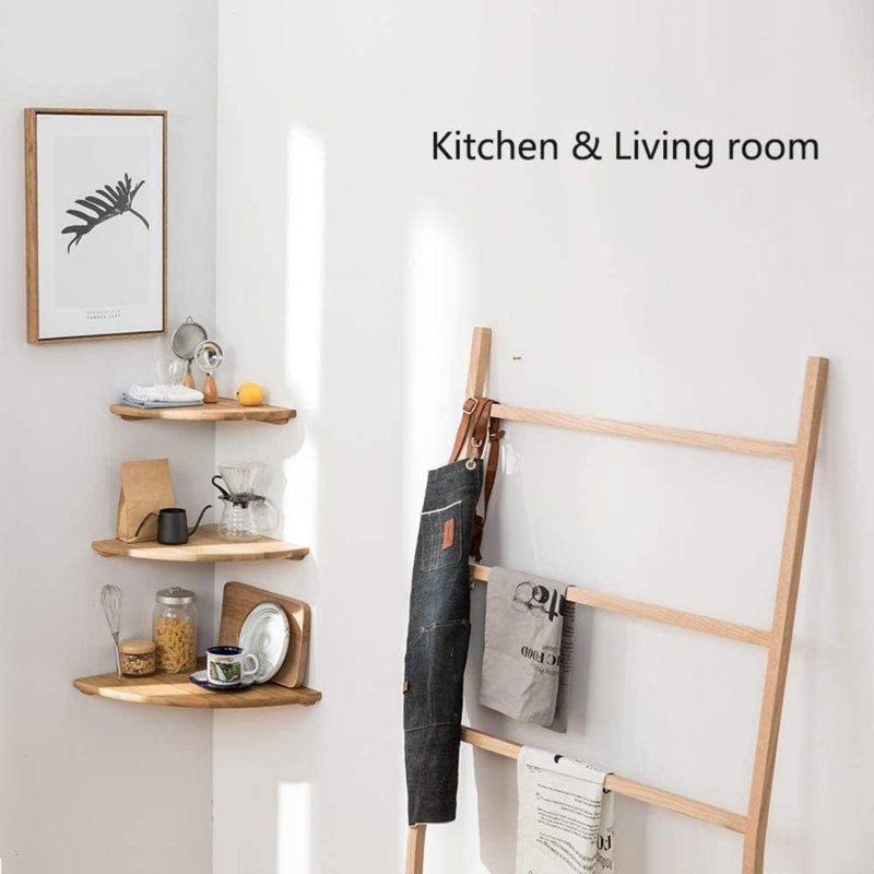 Corner Shelf, Oak Wood Floating Corner Shelf Wall Mount Round End Floating Speaker Shelf With Wire Hole Shelf For Small Plant Photo Frame For Bedroom Kitchen, Living Room 7Inch