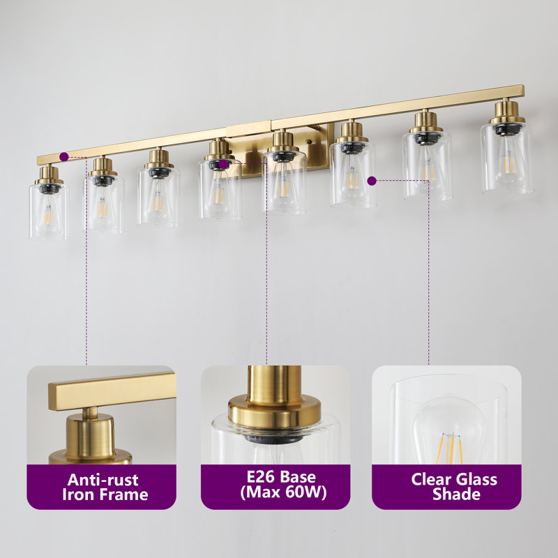 Éclairage de salle de bain 8 lumières avec abat-jour en verre transparent pour miroir de salle de bain, salle de bain ou chambre à coucher