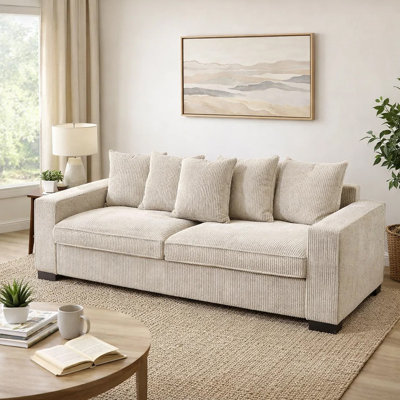 Gina Rectangular 3-Seater Sofa With 5 Toss Pillows, Ivory Corduroy 88 Inch