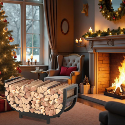 Support à bois de chauffage robuste de 34 pouces avec sac de transport de bûches, support de bûches en métal noir antirouille pour l'intérieur et l'extérieur