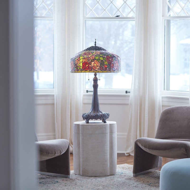 35.5''H Rose Bush Tiffany-Style Stained Glass Table Lamp