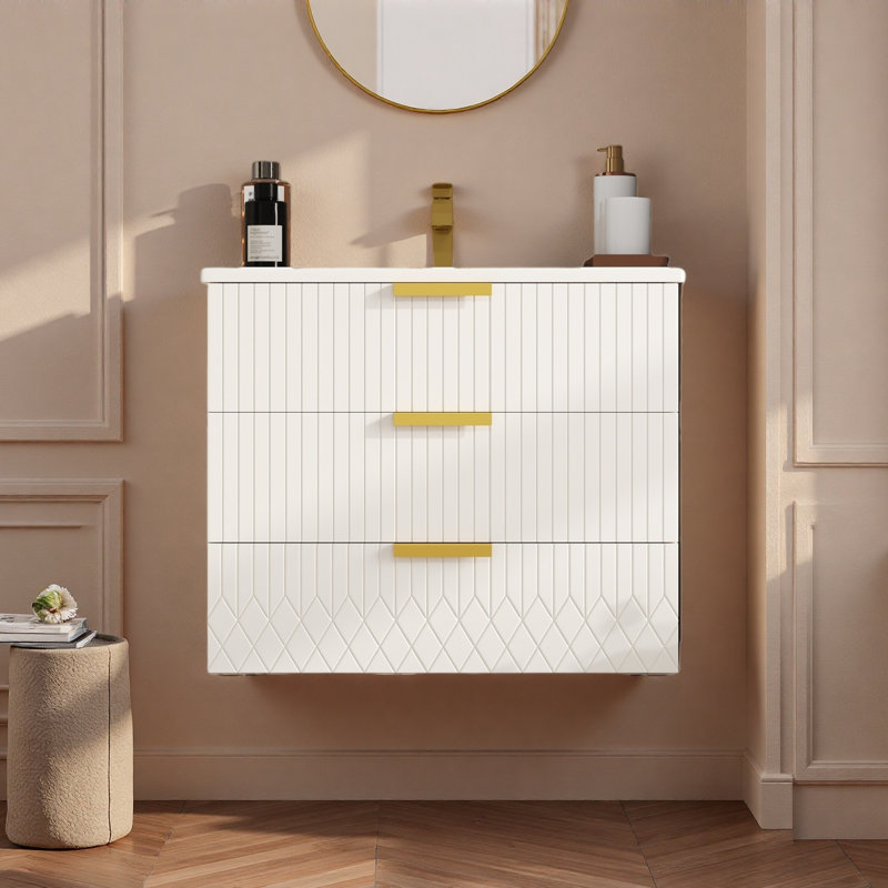 Armoire murale suspendue 24 po avec tiroir double, petit lavabo de salle de bain rectangulaire flottant avec trou de robinet simple et trop-plein, armoire de salle de bain moderne avec lavabo en céramique