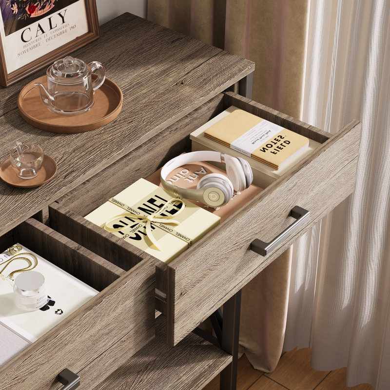 Achna 32" H x 39.4" W Solid Wood Entryway Table with 2 Drawers & 2 Open Shelves, Grey
