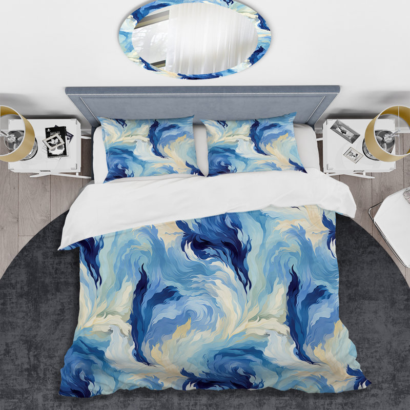 Ensemble de housse de couette Ikat Mirage bleu et blanc, Housse de couette pour grand lit et 2 taies décor
