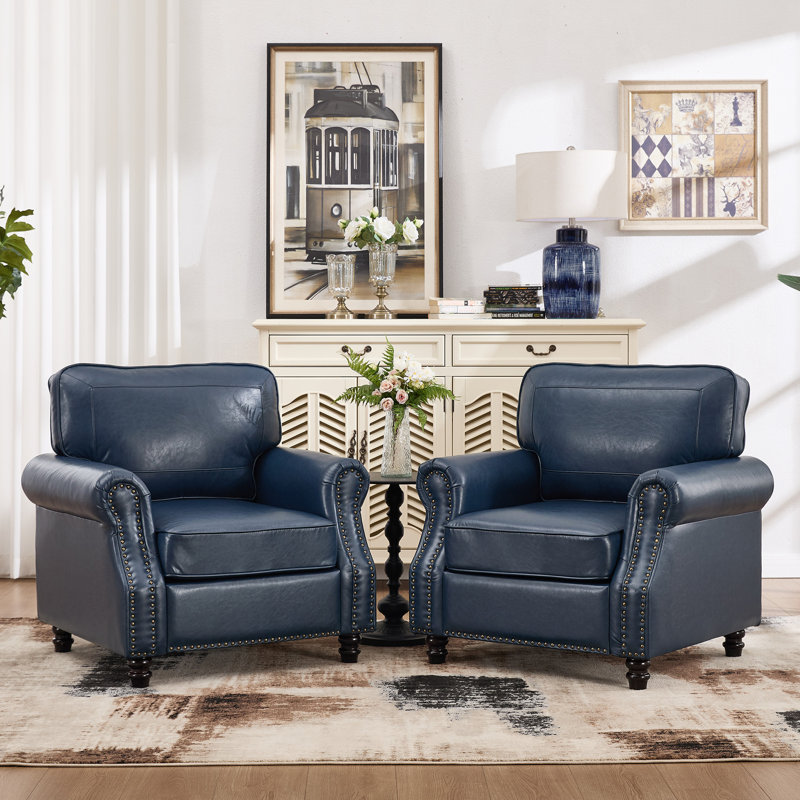 31.5" Faux Leather Armchair With Solid Wood Legs (Set Of 2 ), Blue