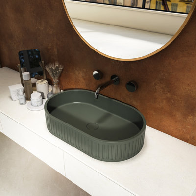 Dark 23.6'' Above - Counter Oval Concrete Bathroom Sink: Temperature Proof And Aesthetic Design Sink With Unique Cement Finish Good Aesthetics