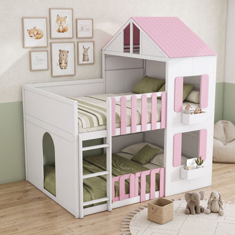 Lit superposé avec tablette de rangement, Double sur double, Rose