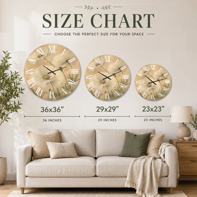 Horloge murale surdimensionnée en bois à motif floral « Coquelicots blancs sereins », Grand