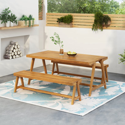 Outdoor 3-Piece Picnic Table Set, Contemporary Acacia Wood Patio Dining with Benches - All-Weather & Compact