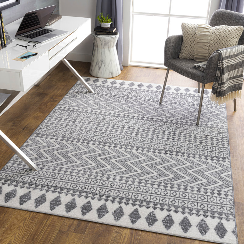 Tapis gris / ivoire à motif géométrique Lipson, Rectangle 5 pi 3 po x 7 pi