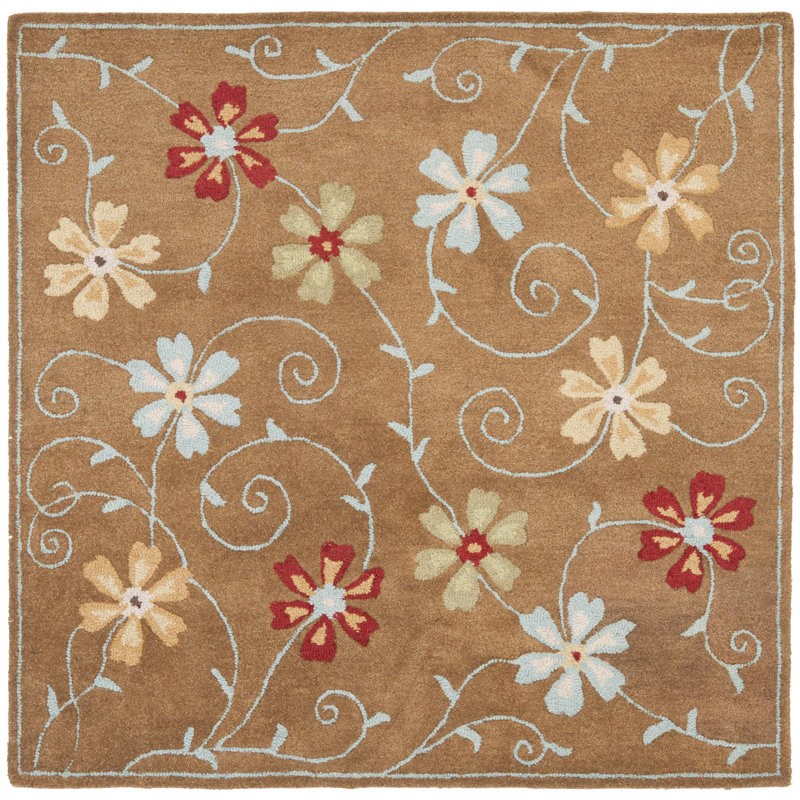Emrick Hand Hooked Wool Floral Rug, Square 6'