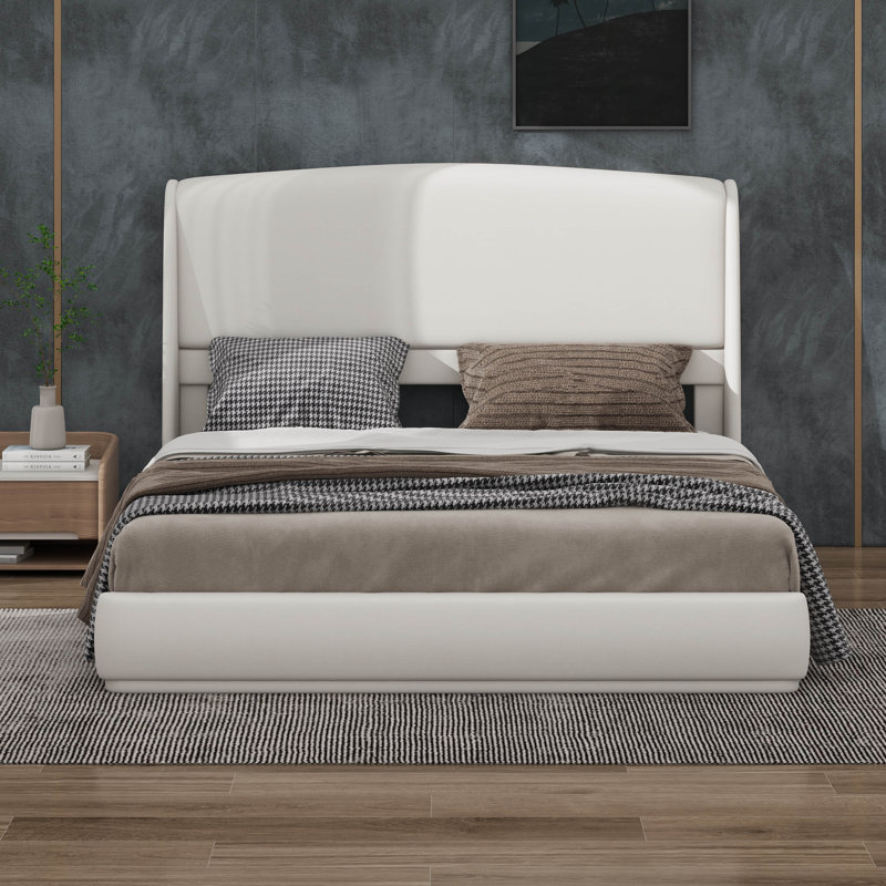 Grand lit plateforme tapissier avec tête de lit à oreilles, structure de lit à profil bas, Beige