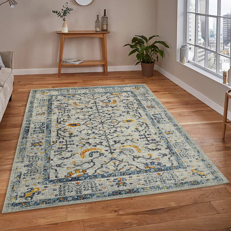 Tapis bleu / jaune Aleyssa, Rectangle 3 pi 3 po x 5 pi