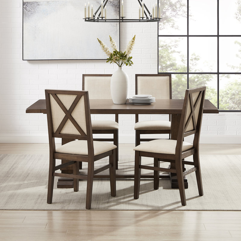 Table de salle à manger à tréteaux et chaises en bois Heymann, Chêne foncé, 5 pièces: table, 4 chaises