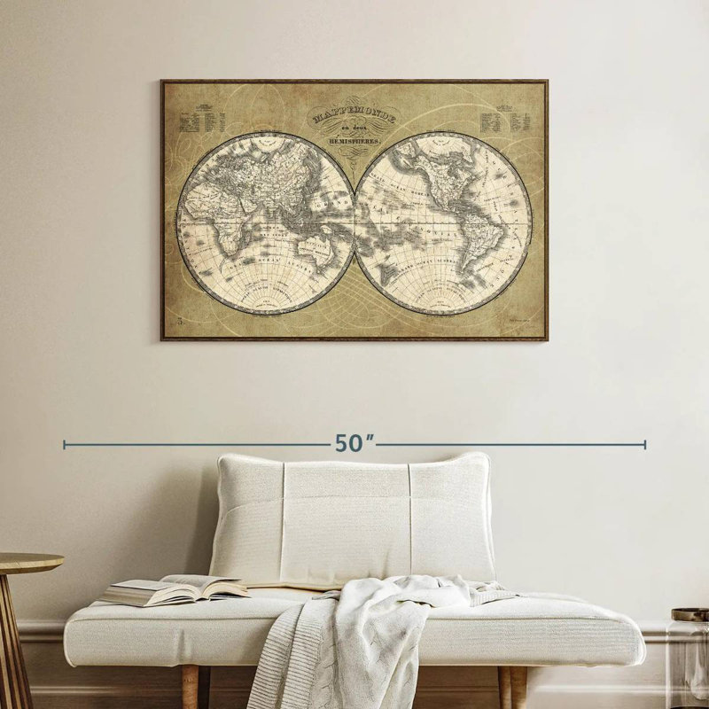 Carte du monde français I, Cadre flottant noyer, 43 po x 29 po
