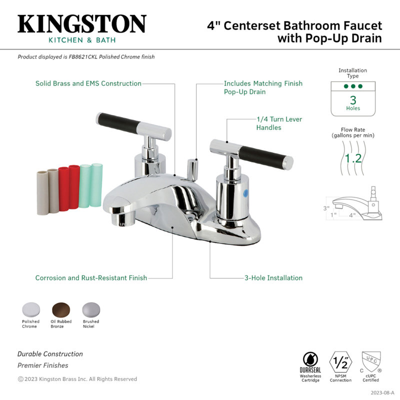 Kingston Brass Kaiser Two-Handle 3-Hole Deck Mount 4" Centerset Bathroom Faucet with Plastic Pop-Up, Polished Chrome
