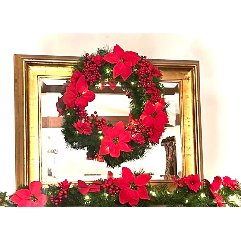 Two Piece Pre-Lit Red Poinsettia Christmas Wreath and Garland
