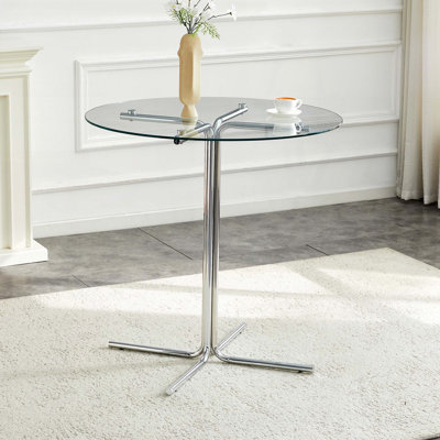 36-Inch Round Glass Bar Table - Tempered Glass Top, Silver Chrome Four-Column Support
