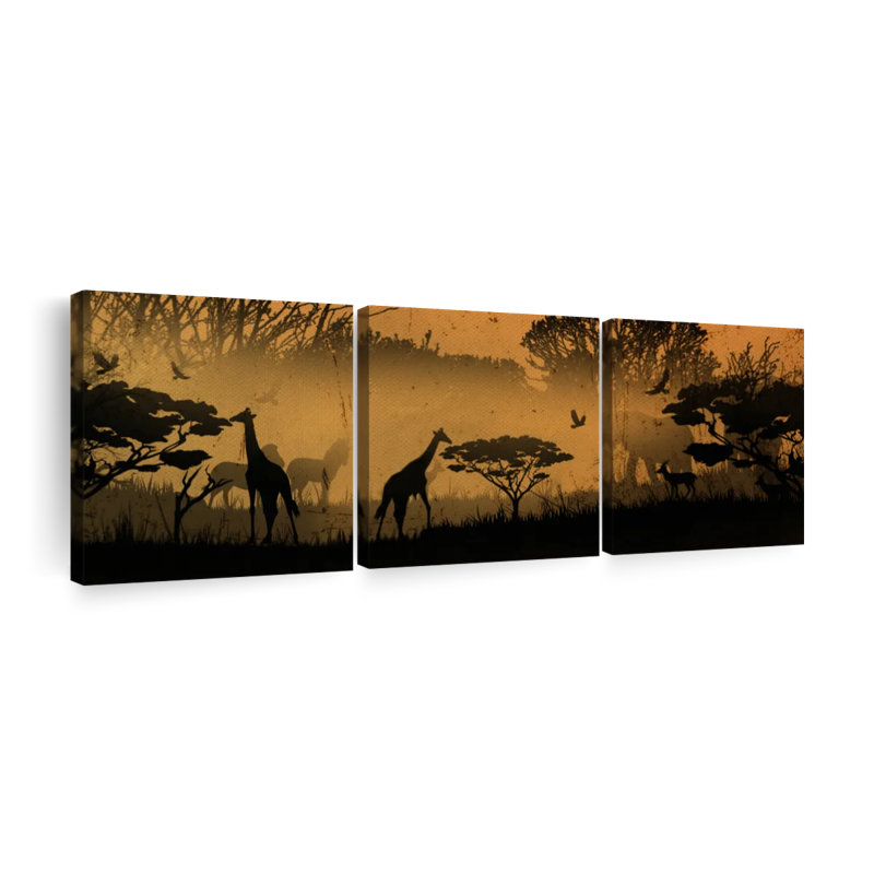 «African Animals Silhouette» par AfroArtistry Studio, reproduction d'art sur toile tendue 3 pièces, H 8 po x l 26 po x P 1 po