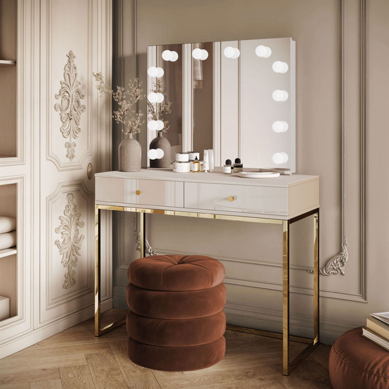 Dressing Table with Mirror, Cashmire/ Cashmire Gloss/ Gold/ Gold Chrome