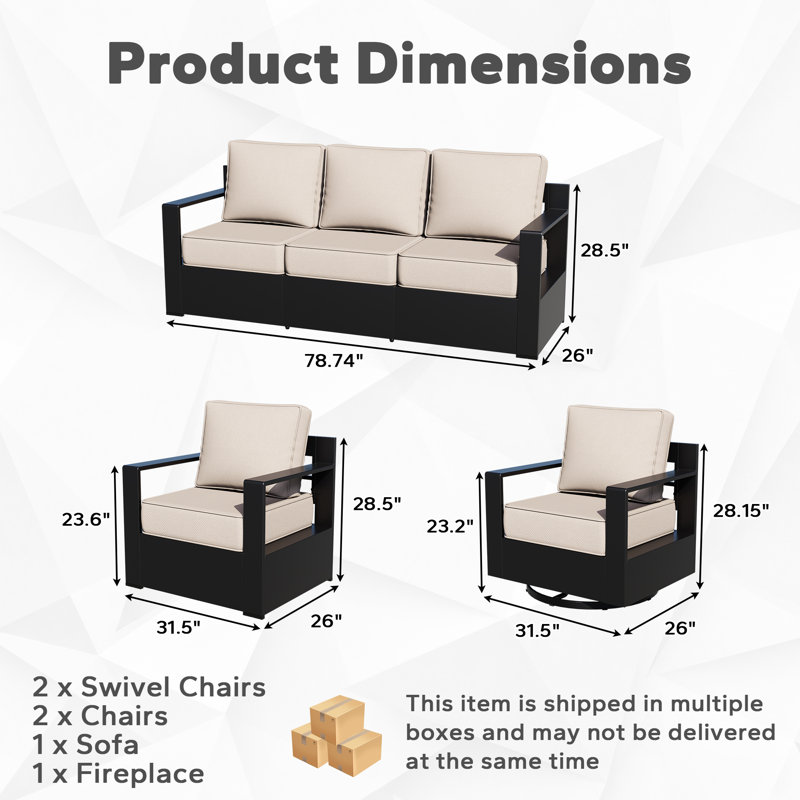 7-Seater Aluminum Outdoor Patio Conversation Set with Fire Pit,Sofa,Chairs & Beige Cushions, Beige
