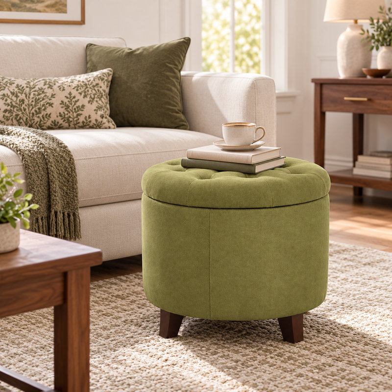 19.7" Linen Upholstered Storage Ottoman  For Living Room, Dark Green Linen