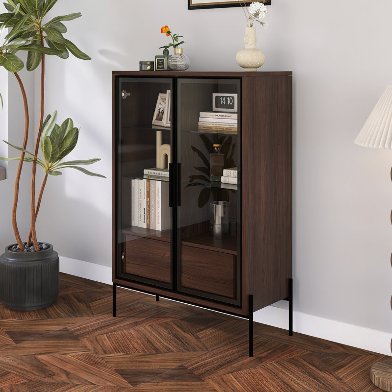 Display Cabinet With Glass Doors And LED Lights, Brown
