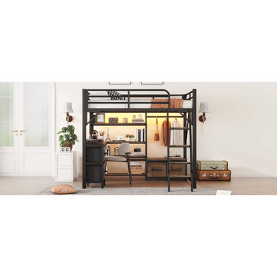 Full Size Loft Bed with Desk and Light, Metal Loft Bed with Storage Shelves, Wardrobe and Drawers for Boys Girls