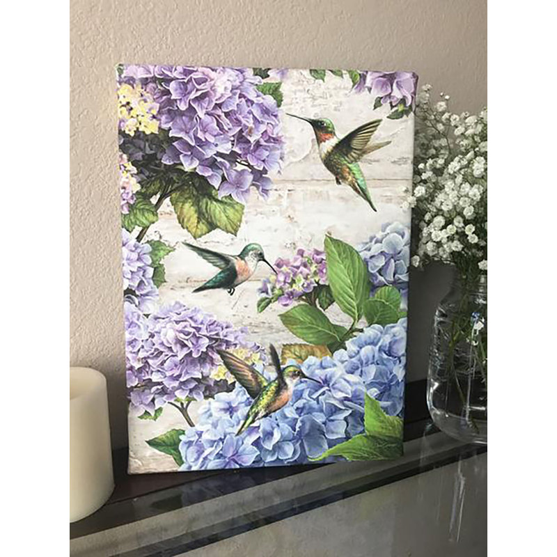 Art mural sur toile, "Colibris et hortensias", H 14 po x l 10 po x P 1 po