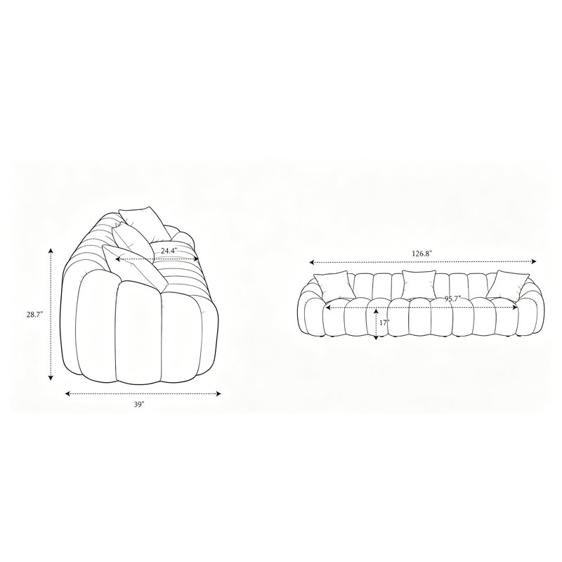 Canapé rembourré standard avec accoudoirs évasés, H 28,74 po x l 126,77 po x P 39 po, Gris chenille