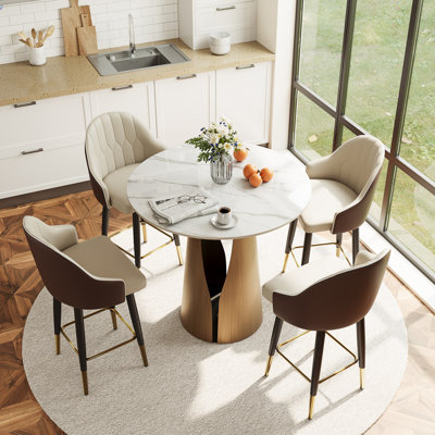 Table de salle à manger à hauteur de comptoir moderne 35 po pour 2 à 4 personnes, petite table ronde blanche brillante pour la cuisine ou les petits espaces avec base en bronze, table de bar à hauteur de comptoir pour les familles