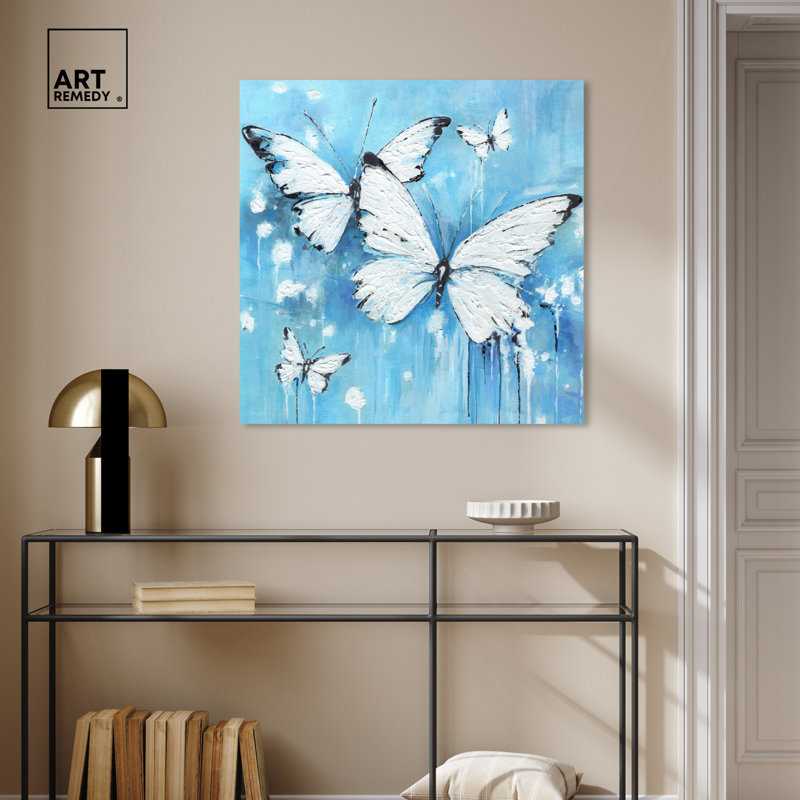 Textured Blue and White Butterflies Wrapped Canvas Wall Art, 30" x 30"