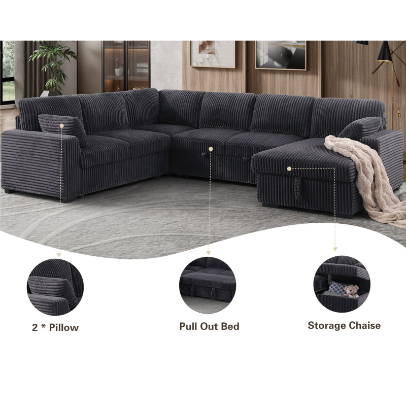 Oversized U-Shaped Sectional Sofa Bed Pull Out Sleeper Couch With Storage Chaise For Living Room, Dark Gray Polyester