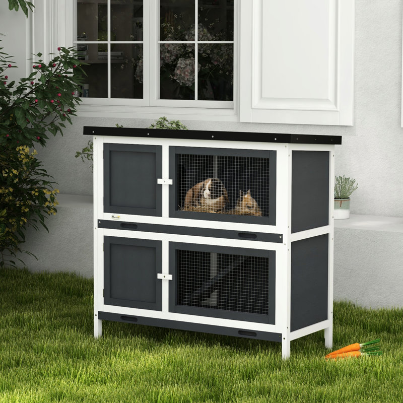Lapin gris - toit, plateau amovible, avec rampe, en bois pour les animaux de compagnie intérieur / extérieur