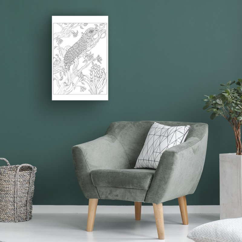 Tree Lizard Line Drawing Canvas Art in White and Gray