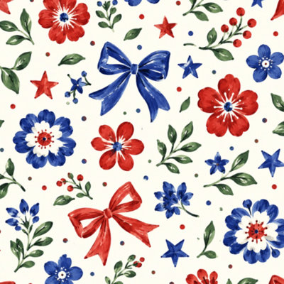 Removable Peel and Stick Wallpaper Roll Patriotic Red White Blue Floral Star Striped Bows Border 17.7"W x 118"H