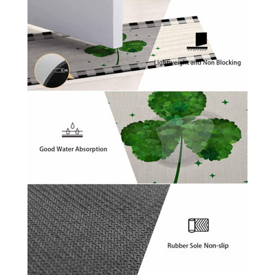 St. Patrick Lucky Shamrock Leaves Bathroom Rug Diatomaceous Earth Bath Mat,Absorbent Shower Mat Non-slip Doormat for Kitchen Bedroom, Green Clovers on Burlap Grid Diatomite Stone Mats 16x24in