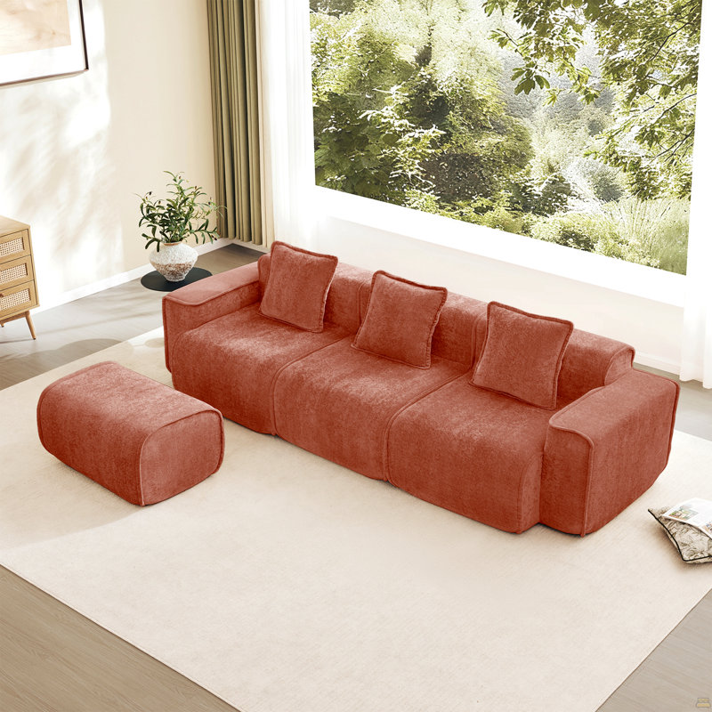 Canapé modulaire modulaire en L à 3 places avec passepoil à bordure française, aucun assemblage requis, canapé à 3 places avec coussins décoratifs et 1 repose-pieds mobile, tissu en velours rouge
