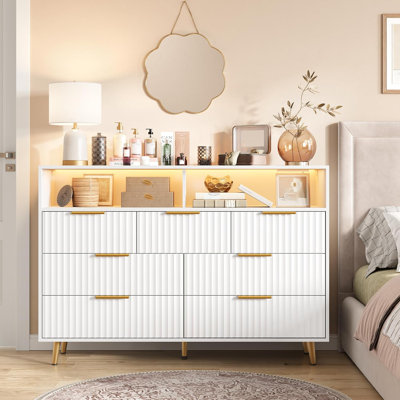 54" Wide Fluted 7-Drawer Dresser with LED Lights and Charging Station, Modern Chest with Gold Handles & Open Shelf Storage, Wood Storage Cabinet for Bedroom or Hallway