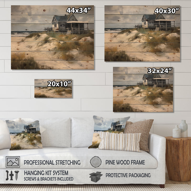 «Beach House Tranquility I», reproduction de paysage moderne sur bois de pin naturel, H 10 po x l 20 po x P 0,78 po