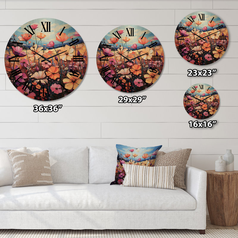 Horloge murale surdimensionnée en bois mauve et jaune Wildflowers Symphony, Grand