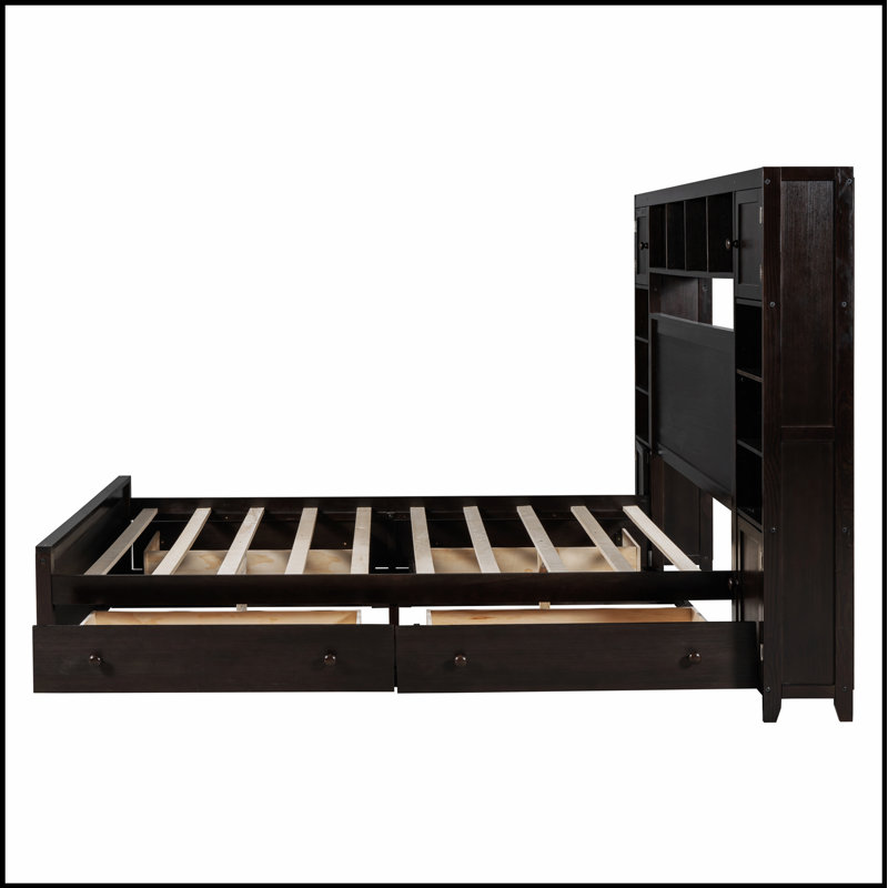 Lit en bois de pin massif avec armoire intégrée, tablette et prises de courant pour un rangement et une commodité améliorés