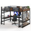 Lit mezzanine Queen avec bureau intégré en forme de L, étagères de rangement et lampes de chargement USB