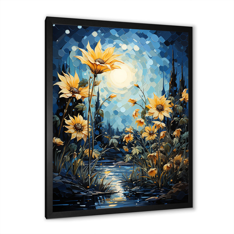 Expressionniste énergie tournesols sur toile, H 32 po x l 16 po x P 1 po, Cadre photo noir