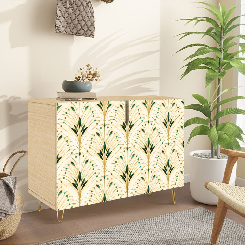 Buffet Buffet avec rangement Art Déco Floral Doré Vert Accents Lumineux avec 2 Portes pour le Salon et la Cuisine