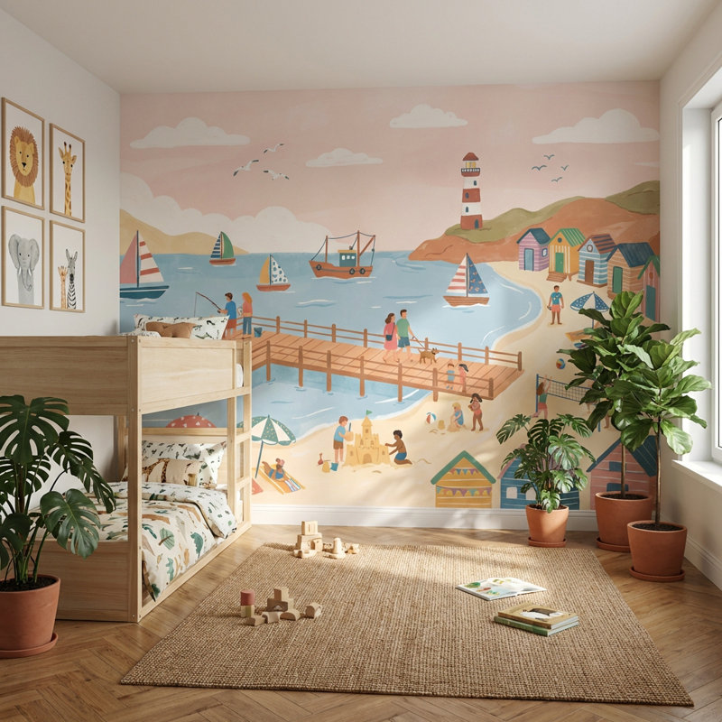 Adhésif mural plage, voiliers de plage, 160 po x 108 po, Peler et coller
