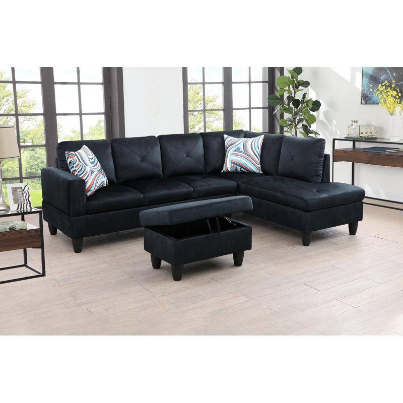 980-SCO-MICROFIBER Upholstered L-Shaped Sectional, Right Hand Facing, Black Microfiber