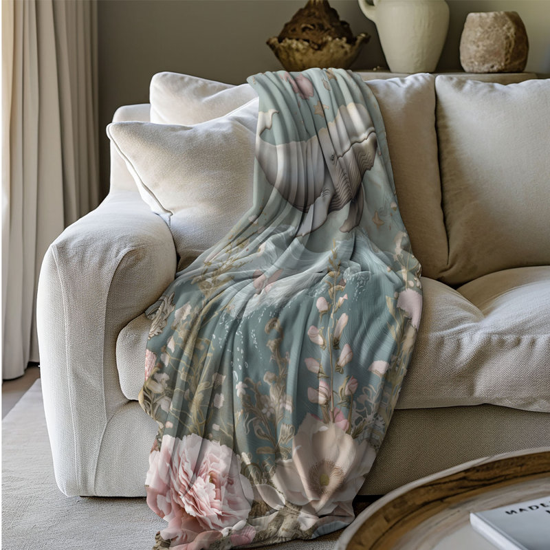 Couverture de sherpa de qualité supérieure 1 pièce Oceanic Flower Whales, Lit simple