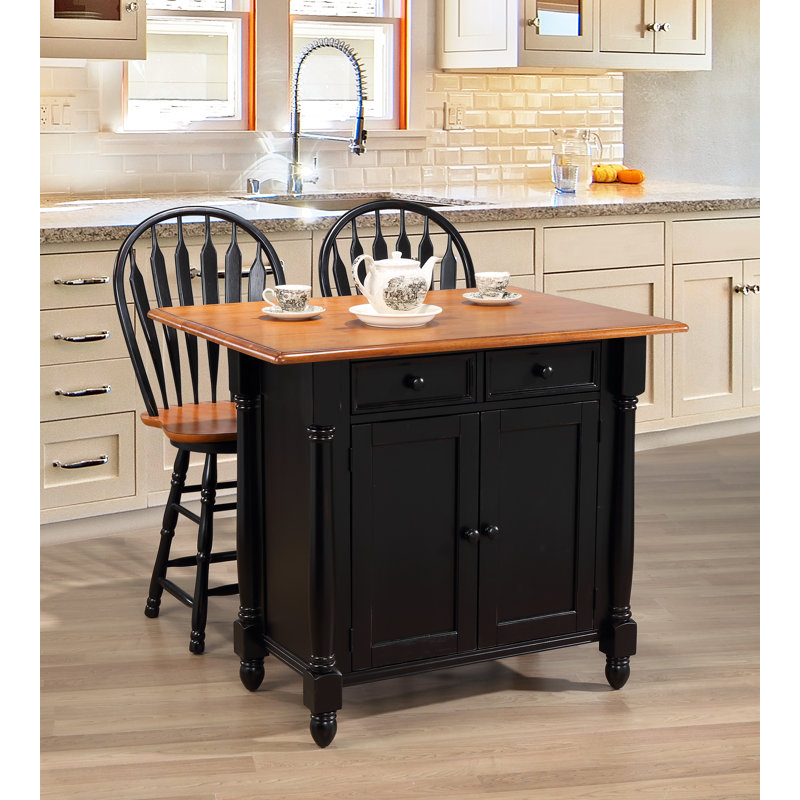 Azizi Solid Wood Kitchen Island Set, Black/Cherry