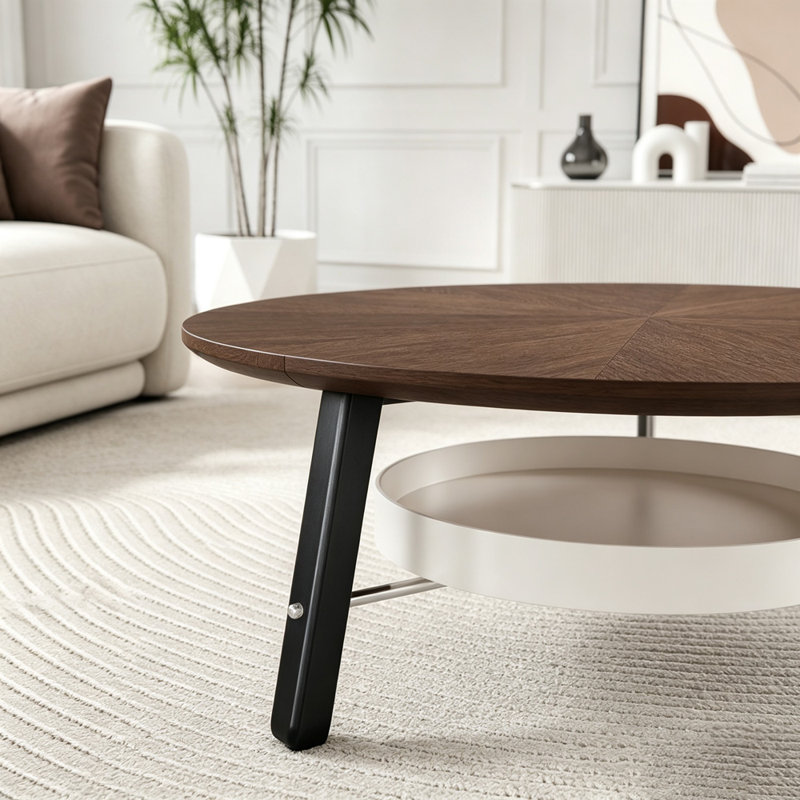 Table basse ronde avec tablette de rangement et fini en bois de noyer, Noyer